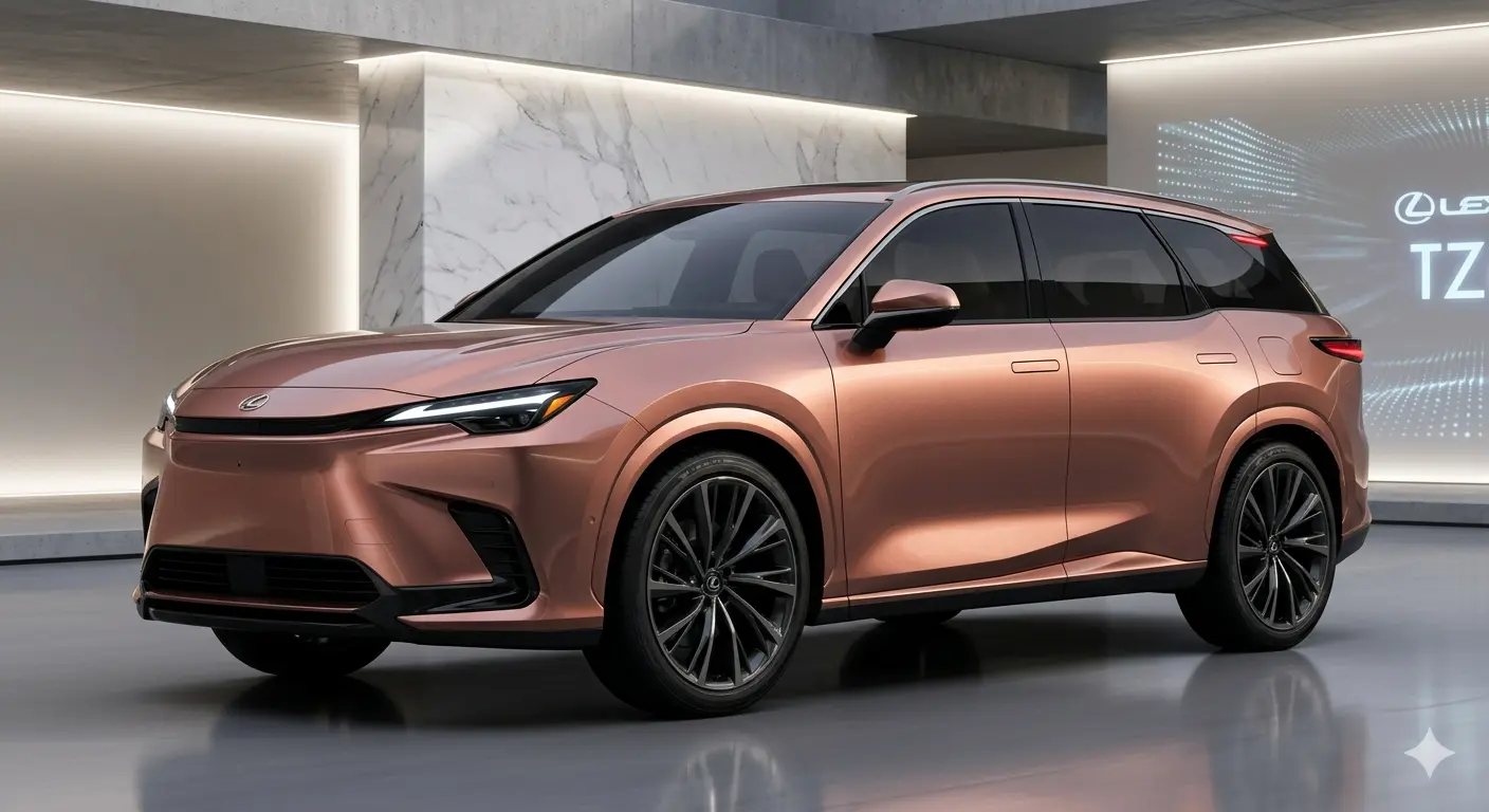 Thiết kế góc trước xe Lexus TZ phiên bản thử nghiệm năm 2026, nổi bật với cụm đèn pha LED dạng chữ L sắc sảo và hệ số cản gió tối ưu.