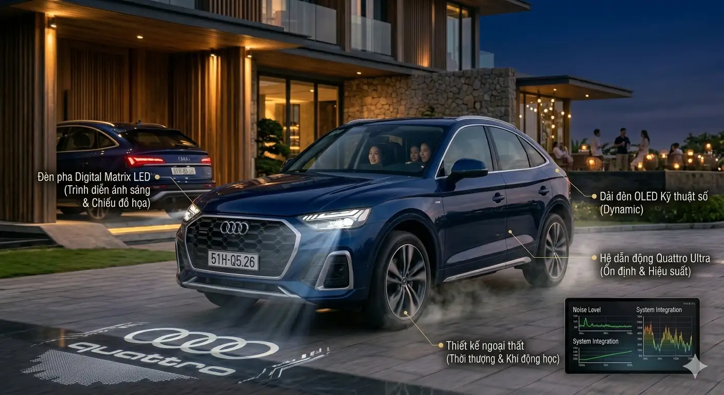 Công nghệ chiếu sáng Digital Matrix LED hiện đại trên Audi Q5 Sportback 2026.