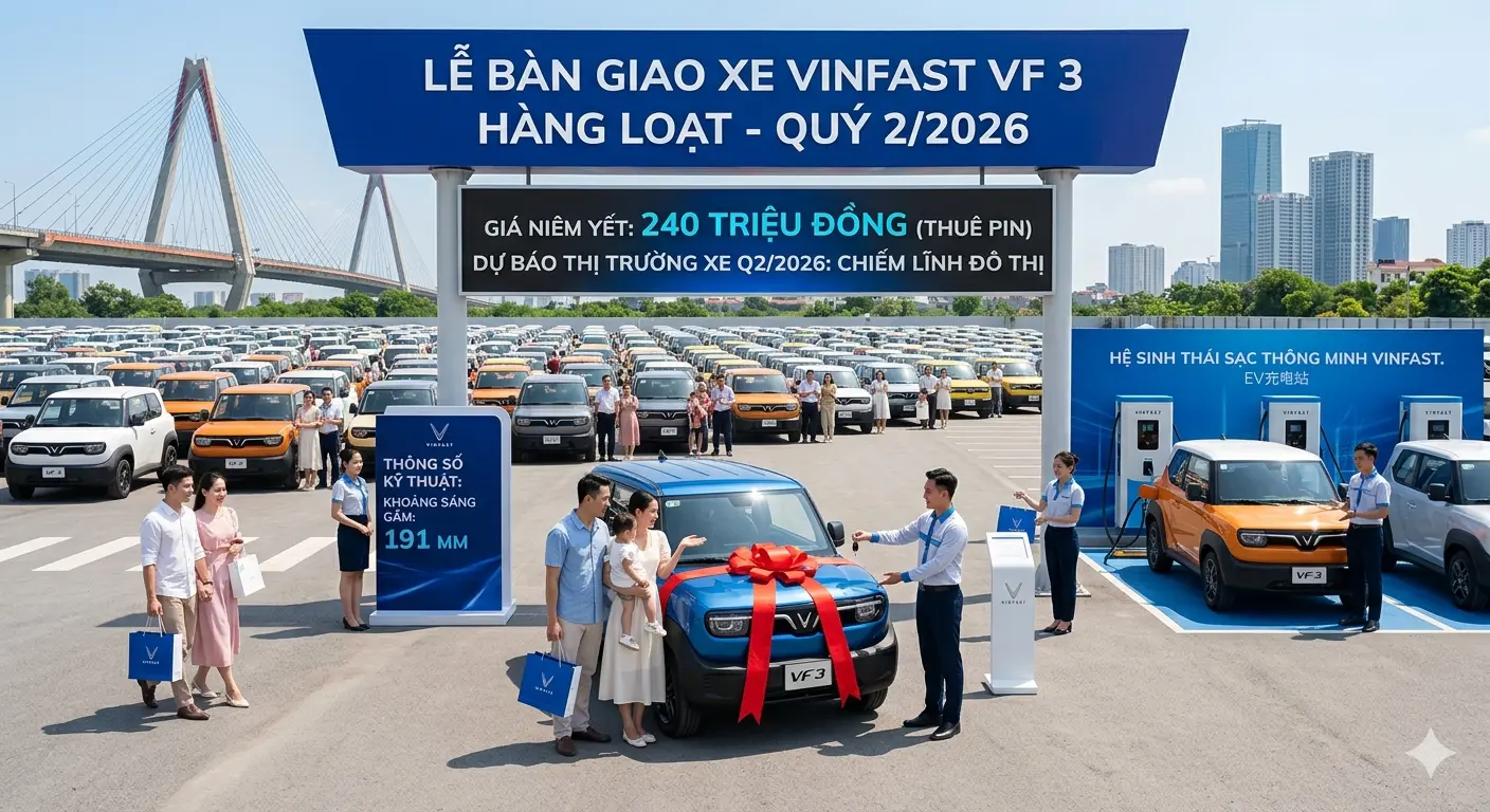 Lễ bàn giao xe ô tô điện VinFast VF 3 hàng loạt trong quý 2/2026 với mức giá niêm yết 240 triệu đồng.