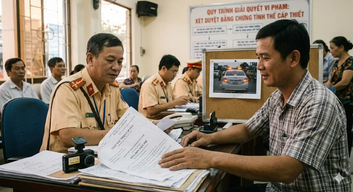 Tài xế trình bày giấy xác nhận cấp cứu của bệnh viện với cảnh sát giao thông để giải quyết phạt nguội