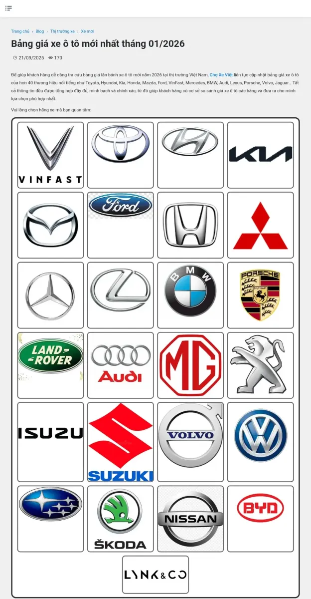 Bảng giá niêm yết xe các hãng