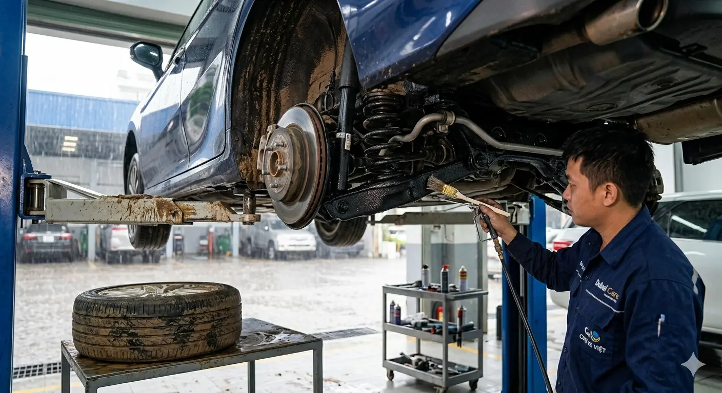 Kỹ thuật viên kiểm tra hệ thống treo đa liên kết và vệ sinh gầm xe ô tô sau khi lội nước