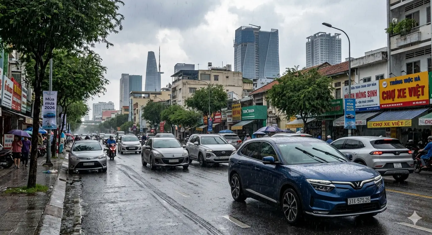Dòng xe ô tô di chuyển dưới mưa giông tháng 05/2026 tại trung tâm TP.HCM