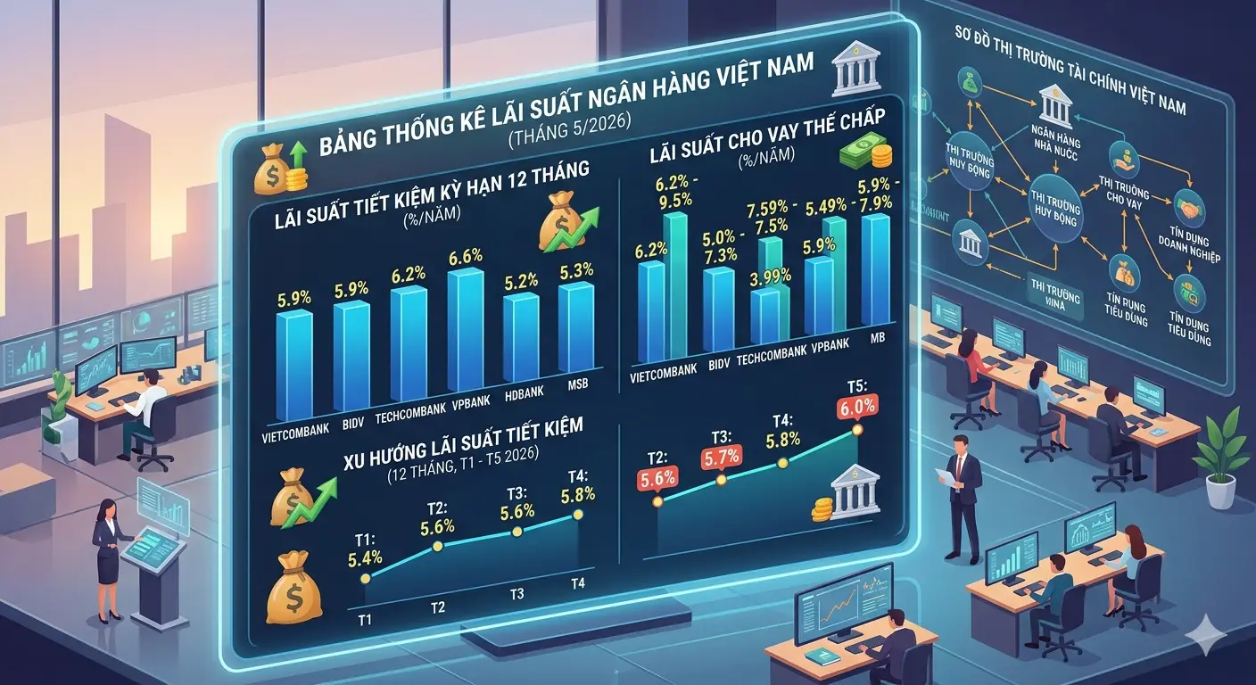 Bảng thống kê lãi suất ngân hàng Việt Nam tháng 5/2026, so sánh lãi suất tiết kiệm kỳ hạn 12 tháng và lãi suất cho vay thế chấp của các ngân hàng Vietcombank, BIDV, Techcombank, VPBank, HDBank, MSB, MB.