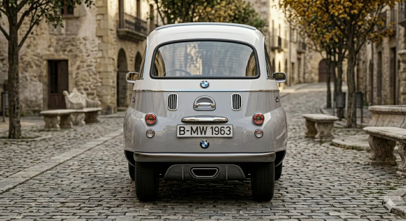 Chi tiết đuôi xe BMW Isetta với cụm đèn hậu tròn cổ điển và biển số đặc trưng của dòng Bubble Car