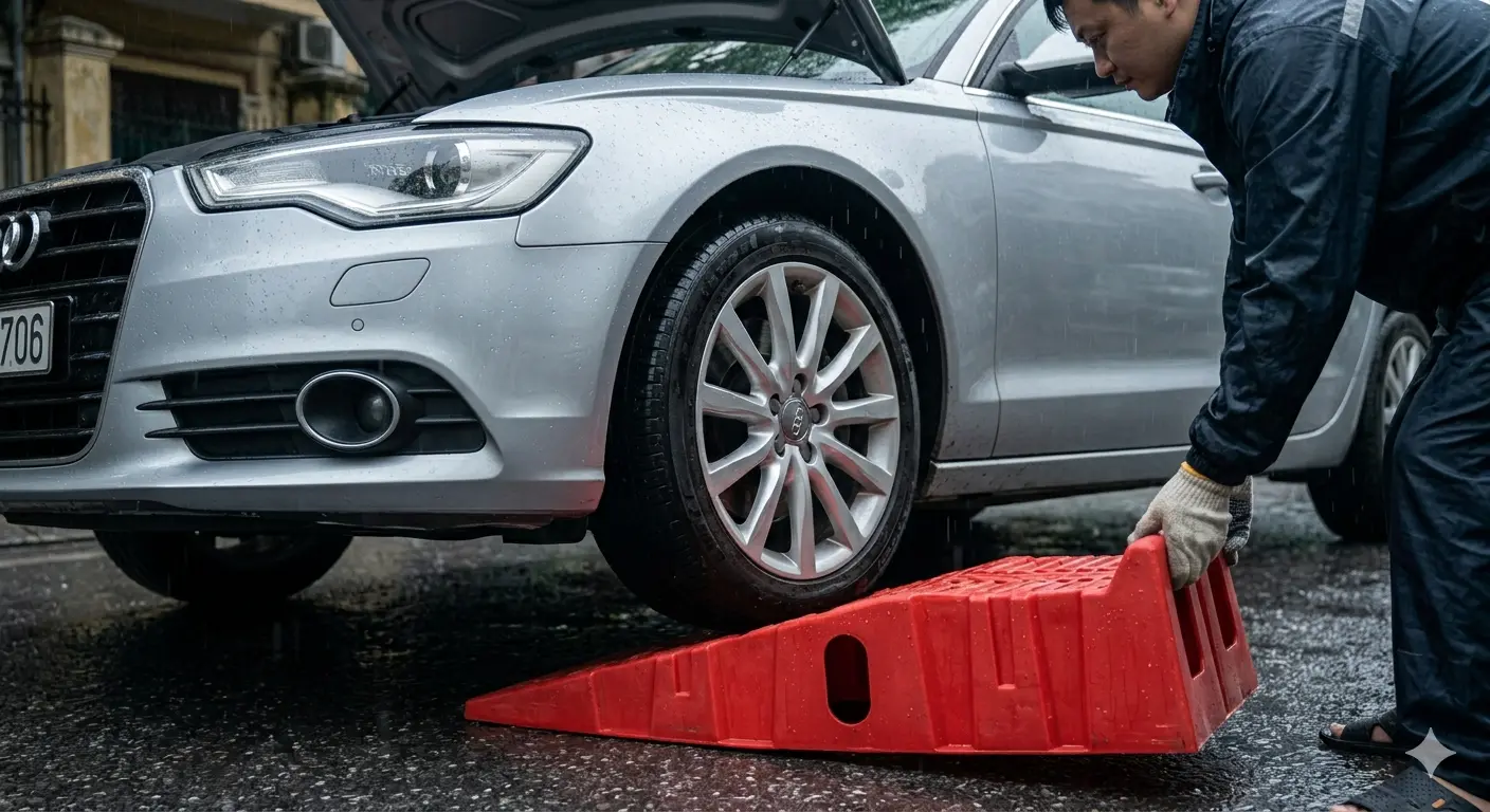 Bánh xe sedan leo lên bục nâng gầm bằng nhựa để tránh thủy kích.