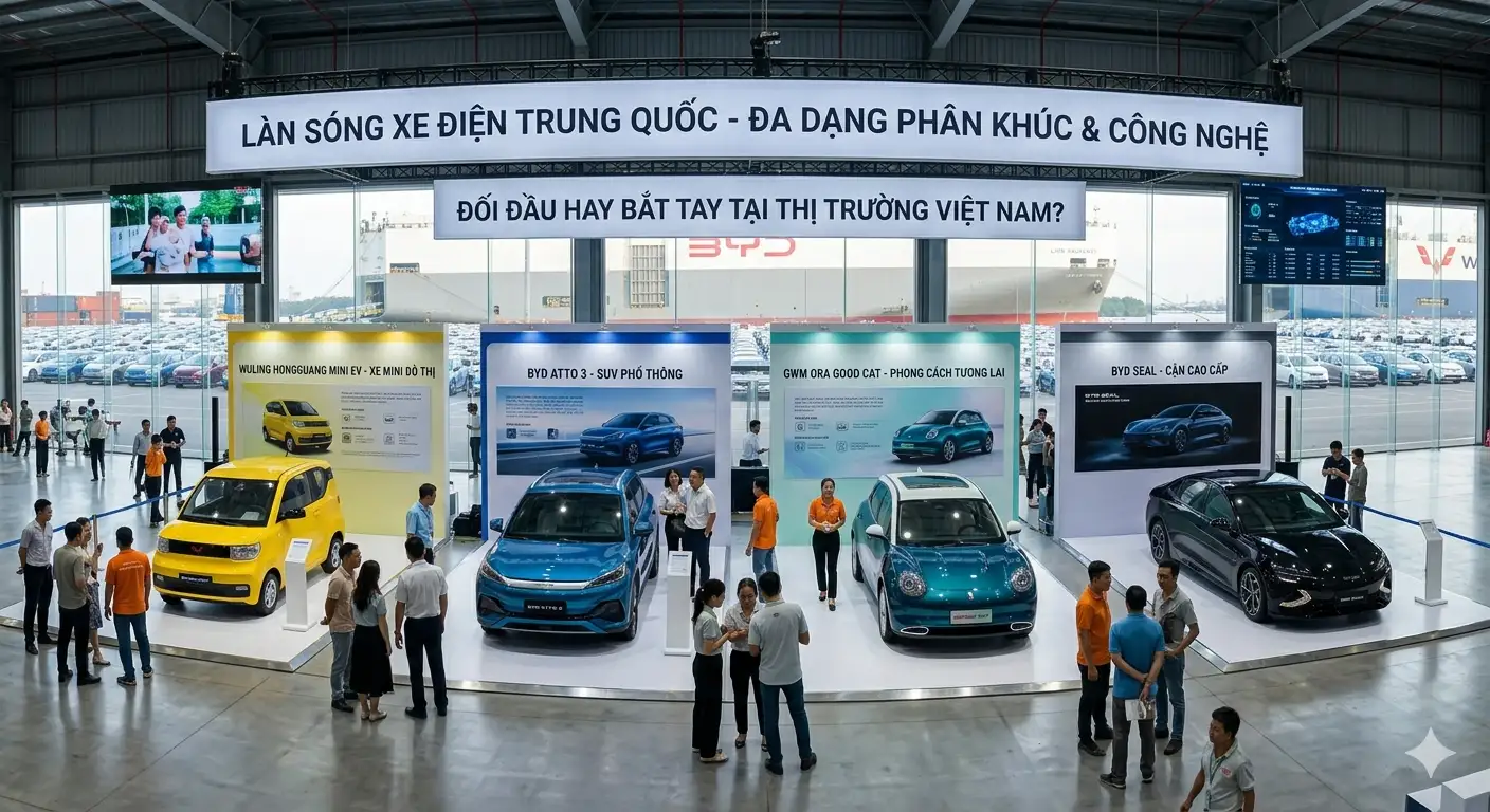 Các mẫu xe điện Trung Quốc đa dạng phân khúc từ Wuling Mini EV đến BYD Seal trưng bày tại Việt Nam.
