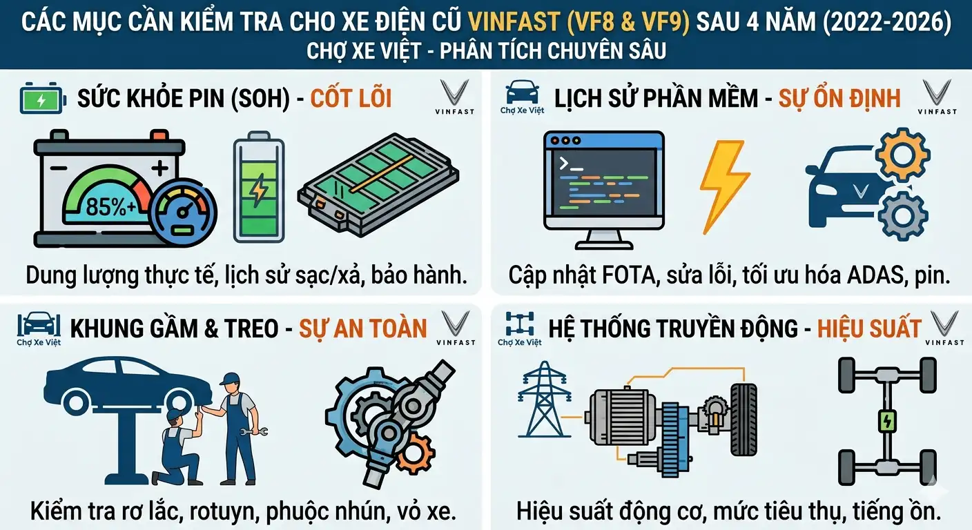 hướng dẫn 4 hạng mục cốt lõi cần kiểm tra khi mua xe điện VinFast cũ: Pin, Phần mềm, Khung gầm, Truyền động