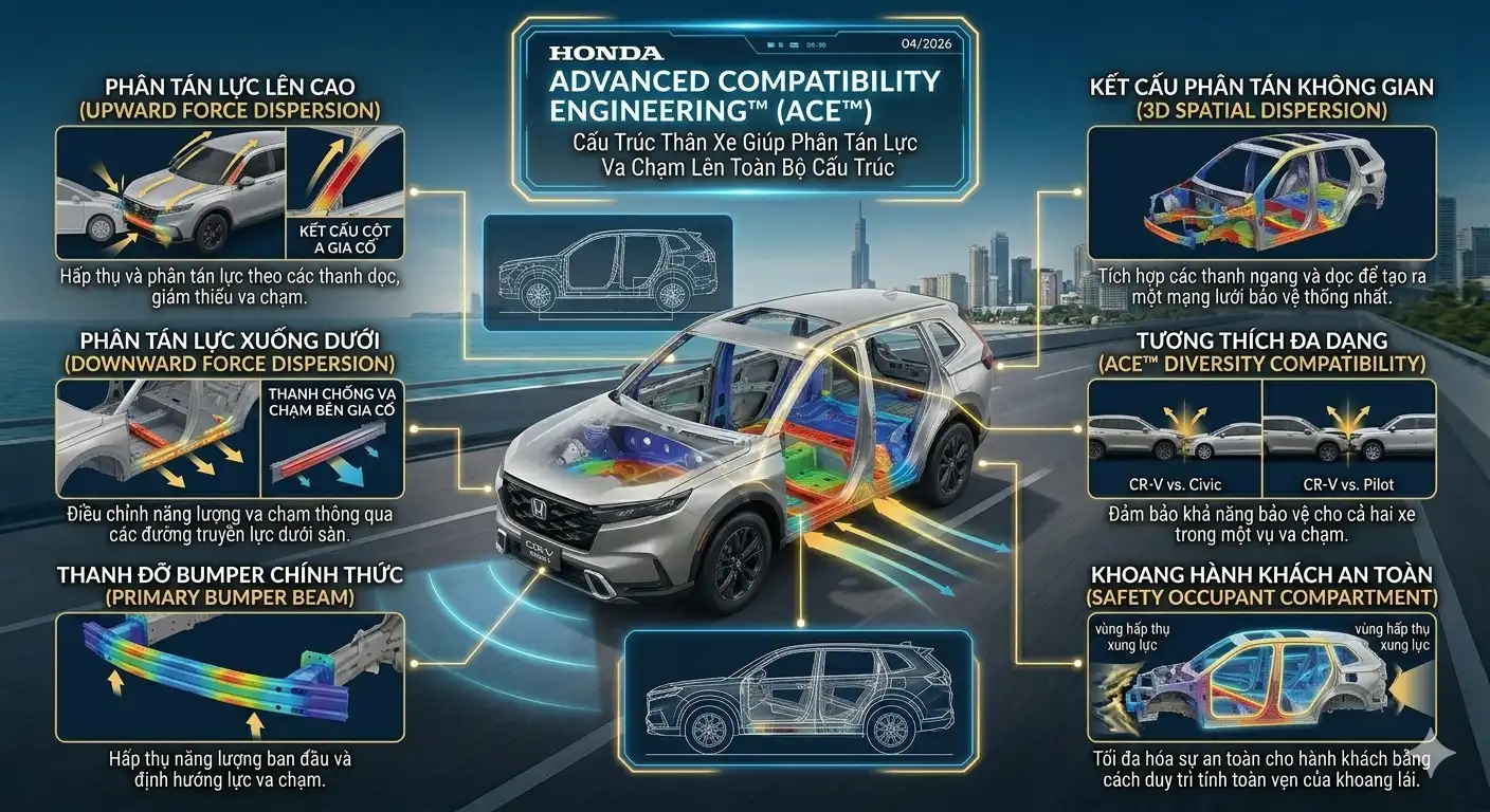 Cấu trúc khung gầm ACE Advanced Compatibility Engineering giúp hấp thụ và phân tán lực va chạm trên Honda CR-V