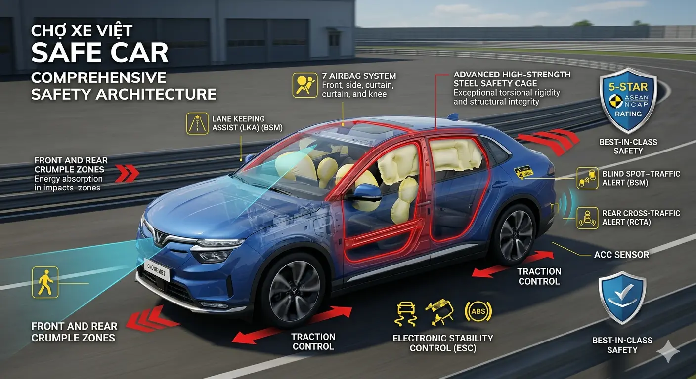 Tiêu chí đánh giá một chiếc xe an toàn với hình ảnh VinFast VF8 đạt chuẩn 5 sao ASEAN NCAP, giới thiệu các công nghệ hỗ trợ lái LKA, AEB và hệ thống túi khí.