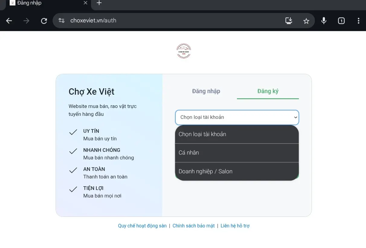 Chọn loại tài khoản Chợ Xe Việt