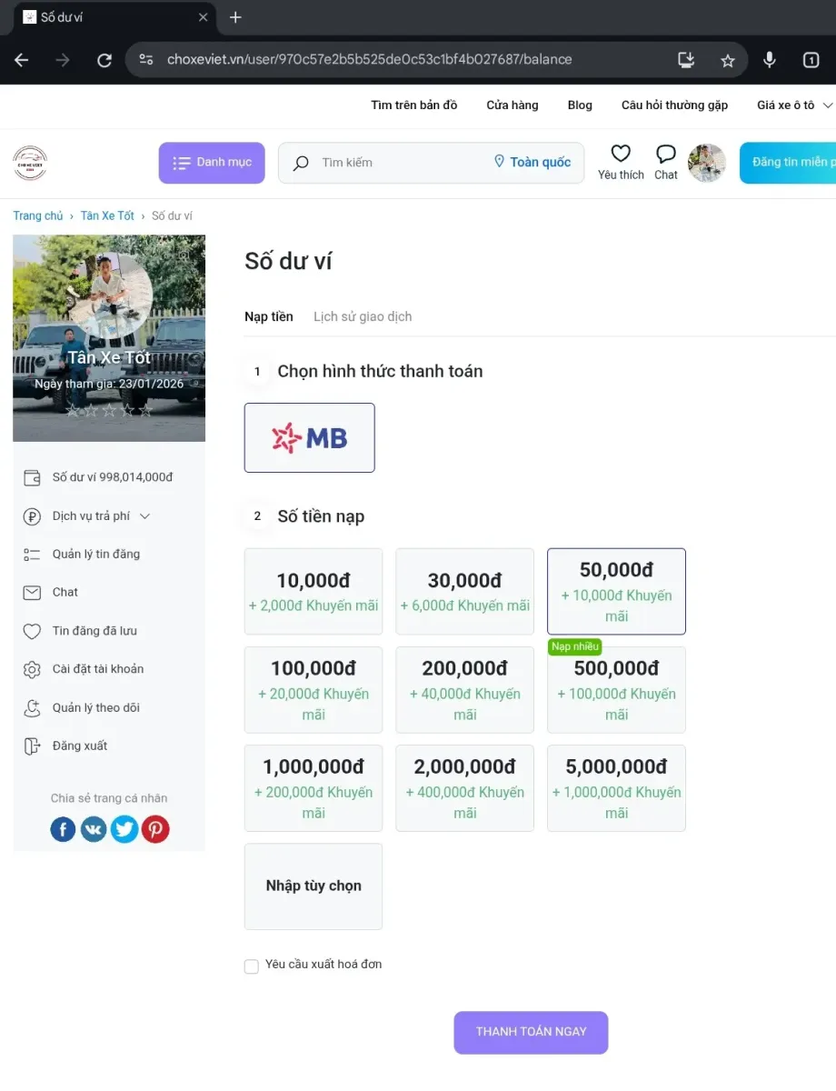 Nạp tiền vào ví trên Chợ Xe Việt