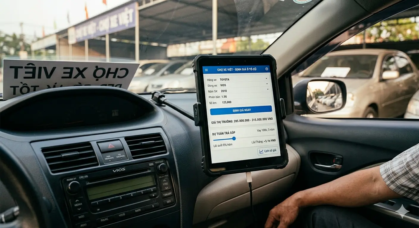 Giao diện trực quan công cụ định giá xe ô tô cũ định danh trực tiếp trên Chợ Xe Việt, hiển thị giá trị thực tế dựa trên hiện trạng xe. 
