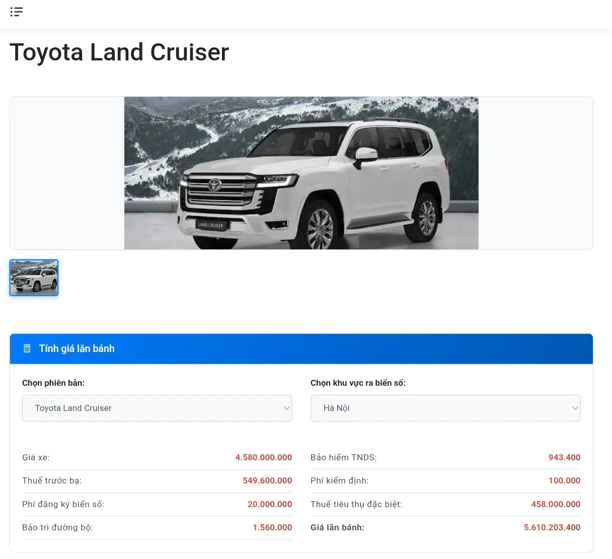 Công cụ tính giá lăn bánh xe ô tô năm 2026