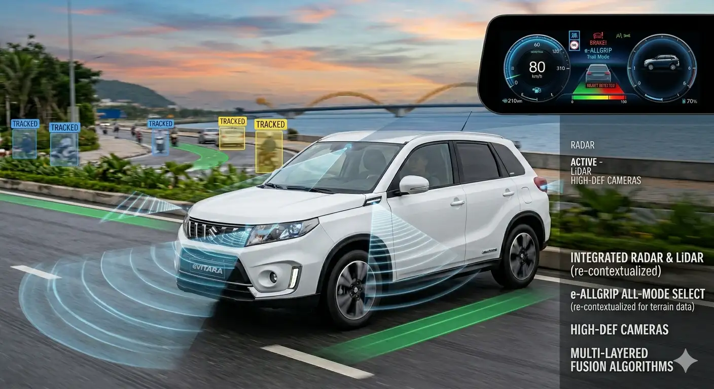 Mô phỏng hệ thống hỗ trợ lái thông minh ADAS và cảm biến Radar trên xe Suzuki eVitara 2026.