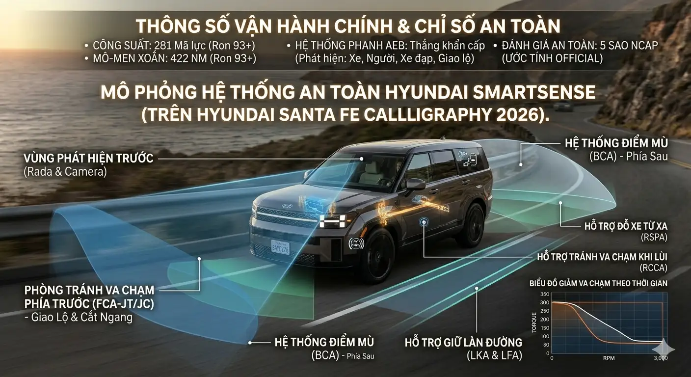 Mô phỏng hệ thống an toàn chủ động Hyundai SmartSense trên xe Santa Fe 2026