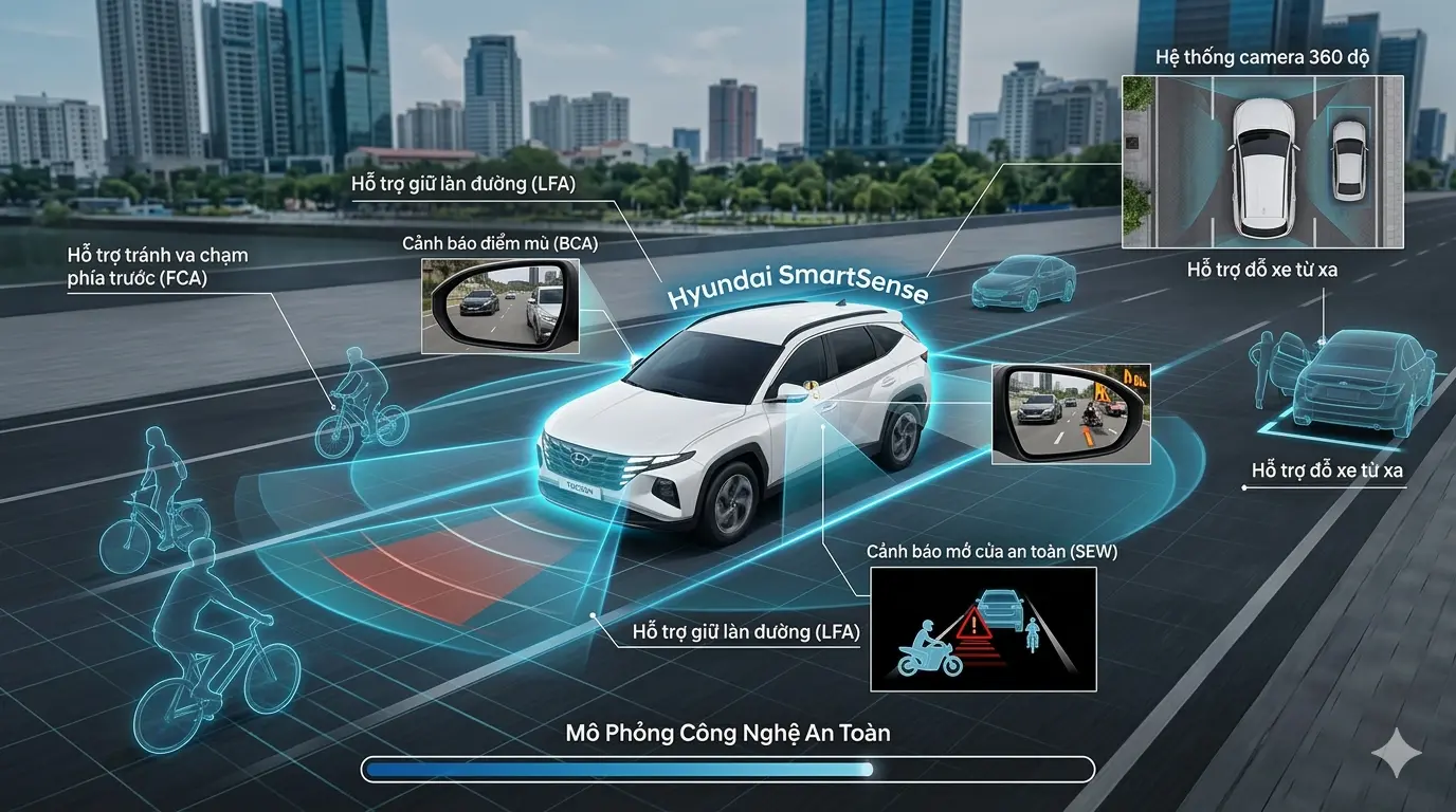 Mô phỏng các tính năng an toàn trong gói Hyundai SmartSense trên Tucson 2026.