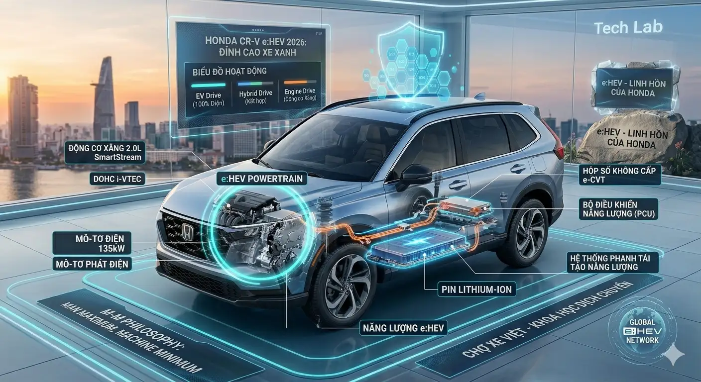 Mô phỏng linh hồn hệ thống truyền động Hybrid e:HEV tiên tiến của Honda CR-V 2026.