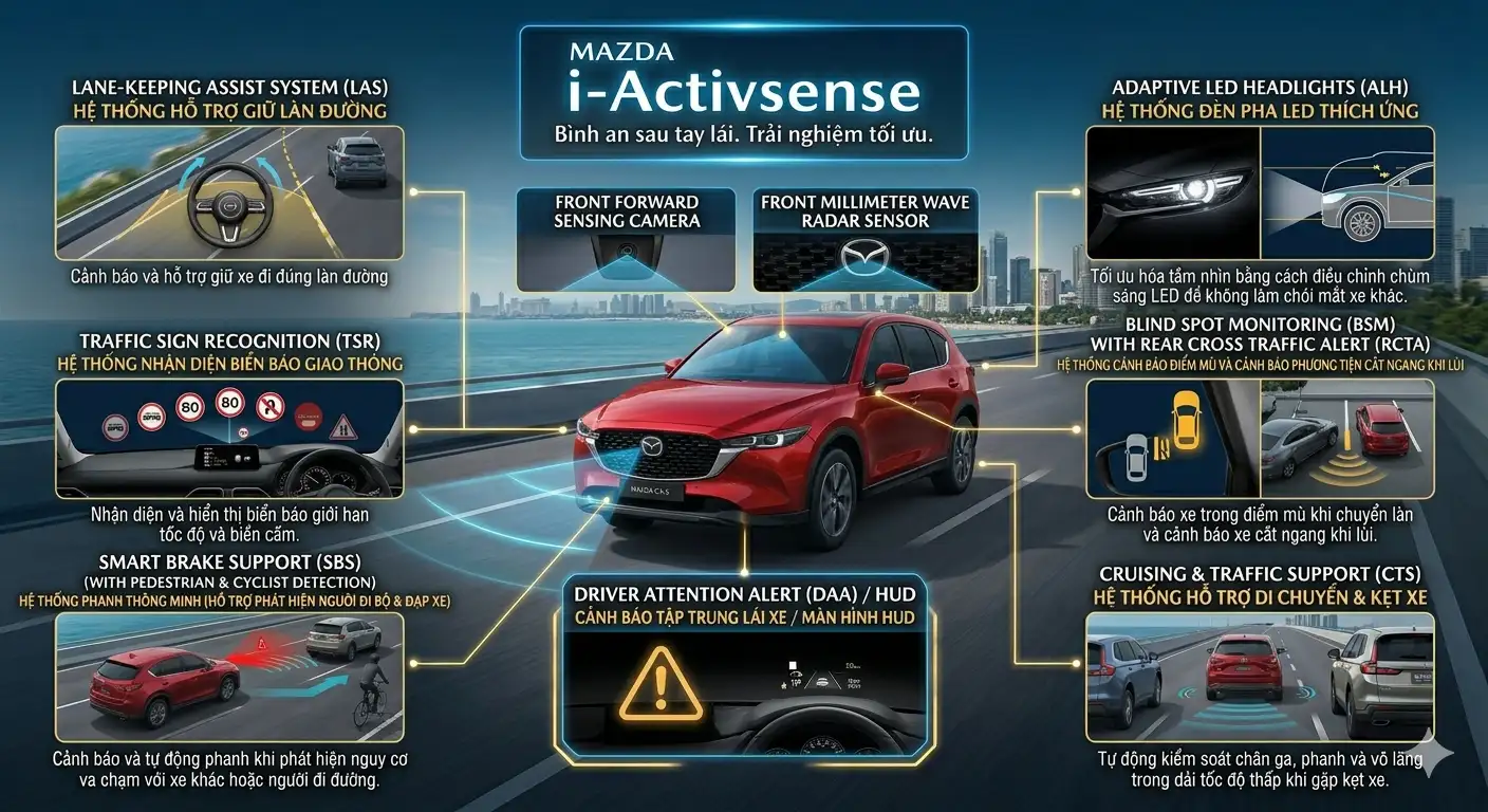 Hệ thống an toàn i-Activsense trên Mazda CX-5 với cảnh báo điểm mù BSM và phanh thông minh SBS
