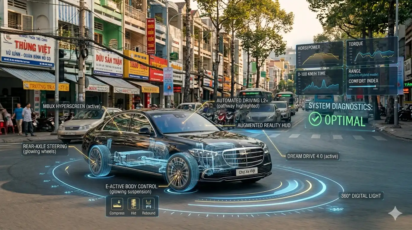 Mô phỏng hệ thống treo khí nén và công nghệ an toàn hiện đại trên Mercedes-Benz S-Class cũ đời 2023