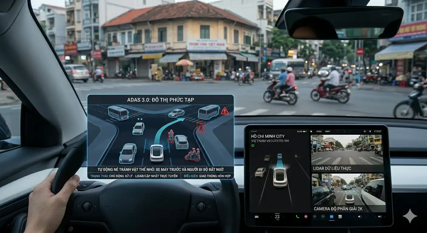 Công nghệ xe hơi mới nhất 2026: Hệ thống hỗ trợ lái ADAS 3.0 né tránh người đi bộ bất ngờ tại giao thông Việt Nam.