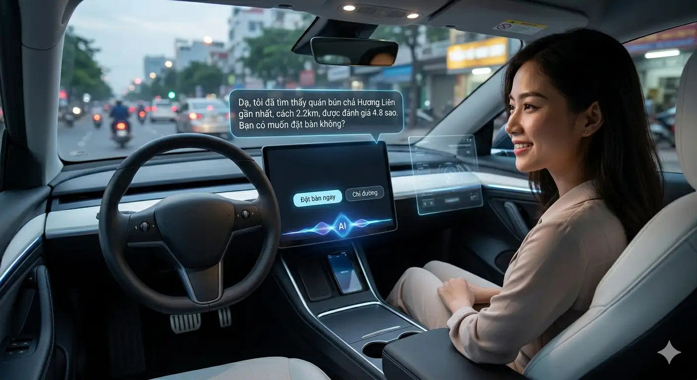 Mô phỏng công nghệ xe hơi mới nhất 2026: Trí tuệ nhân tạo AI tạo sinh tương tác tự nhiên, đặt bàn bún chả tại Việt Nam.