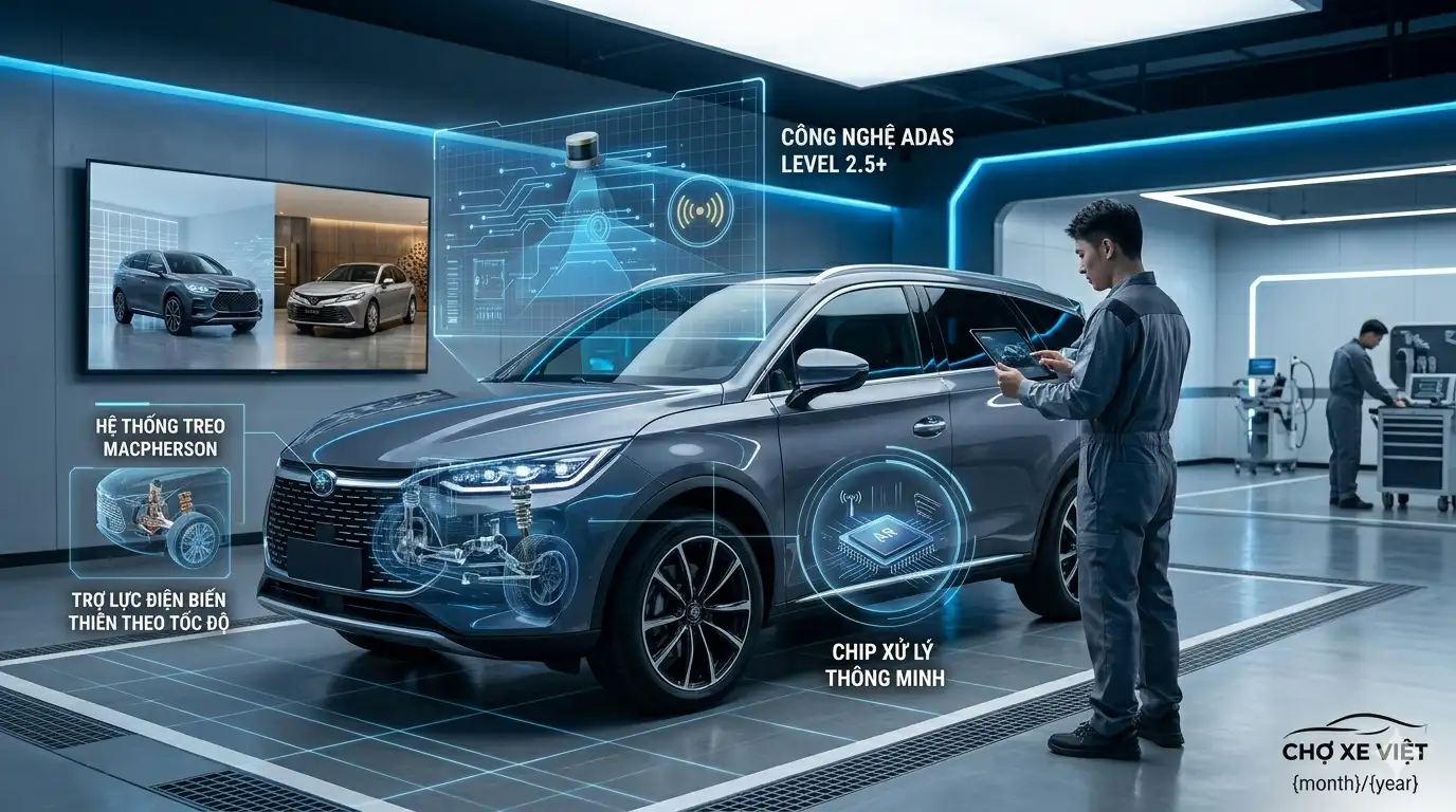 Trực quan hóa công nghệ xe Trung Quốc với hệ thống ADAS Level 2.5+, chip xử lý thông minh và trợ lực điện biến thiên theo tốc độ.