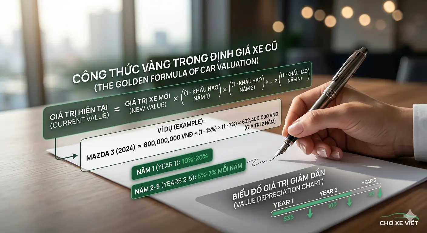 Cách tính giá trị xe cũ dựa trên năm sử dụng và phần trăm khấu hao