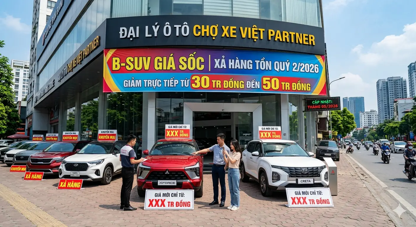 Các đại lý ô tô đối tác của Chợ Xe Việt xả hàng tồn kho phân khúc B-SUV trong quý 2/2026, giảm giá trực tiếp từ 30 đến 50 triệu đồng.