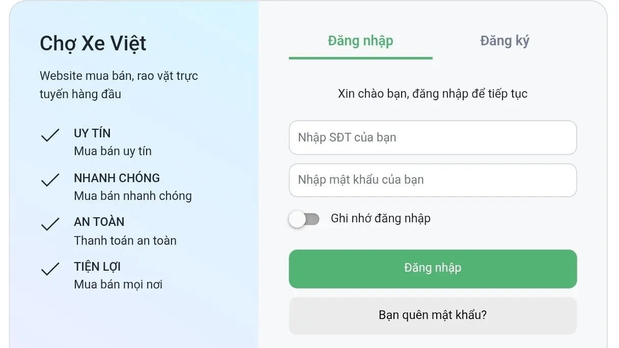 Đăng ký tài khoản Chợ Xe Việt