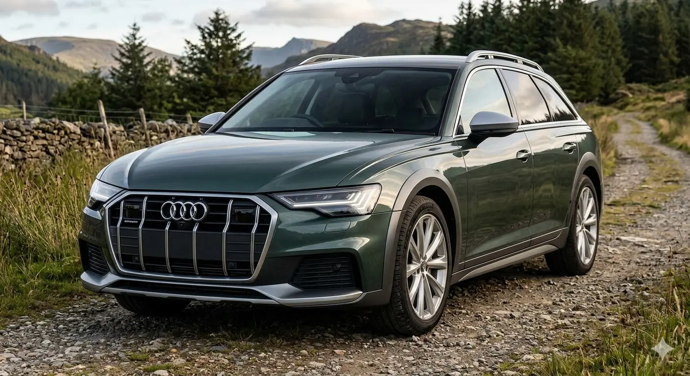 Đánh giá thiết kế ngoại thất đầu xe Audi A6 Allroad 2026 với thân xe được mở rộng thêm 110mm kết hợp ốp cản trước nam tính.