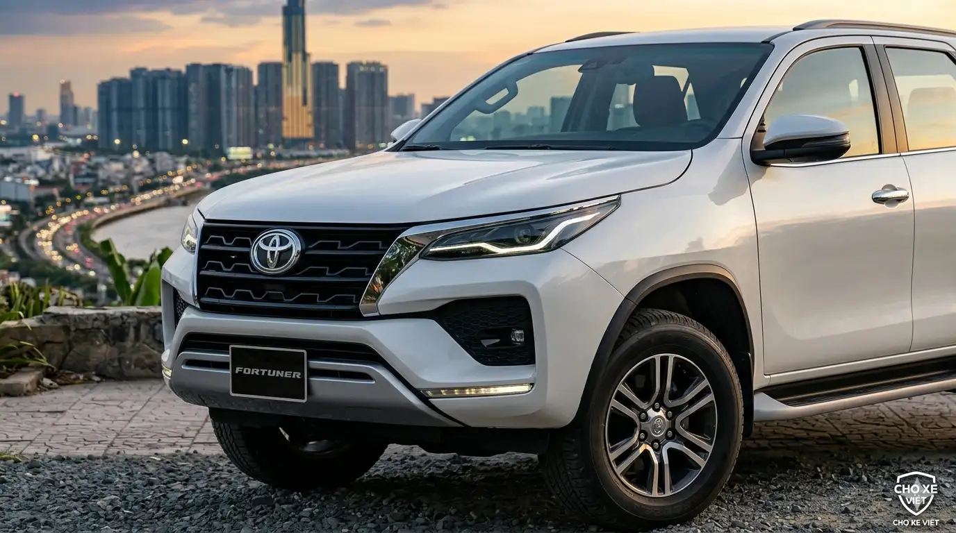 Cận cảnh đầu xe Fortuner đời cũ 2021-2025 phiên bản Legender với cụm đèn LED sắc sảo.