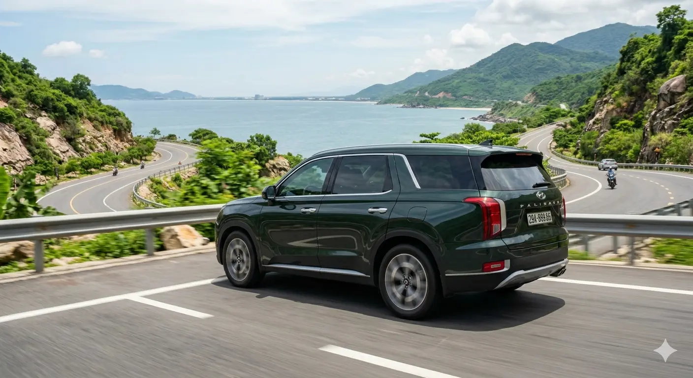 Góc nhìn phía sau xe Hyundai Palisade cũ đời 2024 lướt với cụm đèn hậu LED dọc đặc trưng tại Việt Nam.