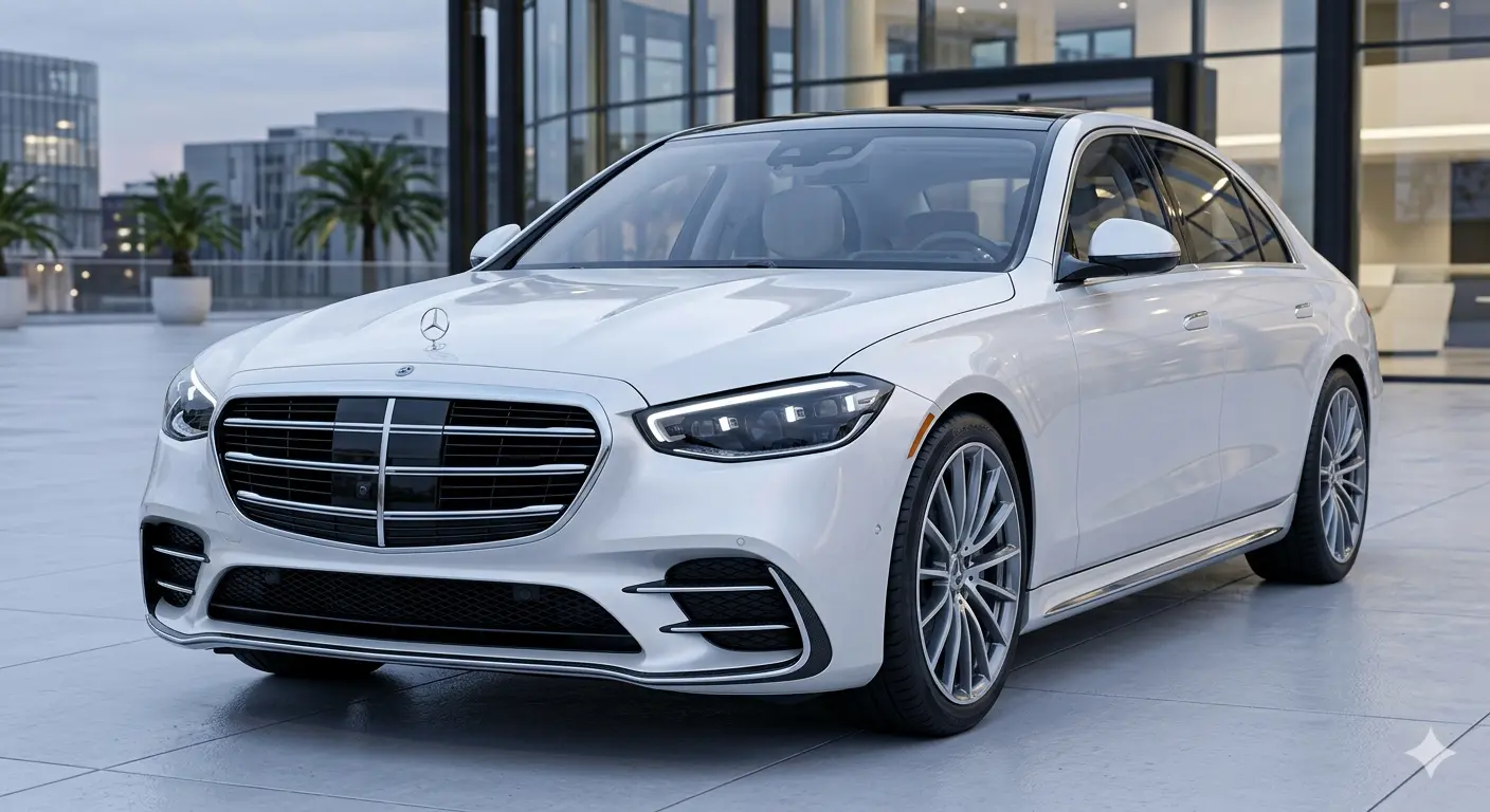 Thiết kế ngoại thất đầu xe Mercedes-Benz S-Class 2027 màu trắng nổi bật với cụm lưới tản nhiệt cỡ lớn và đèn pha sắc nét.