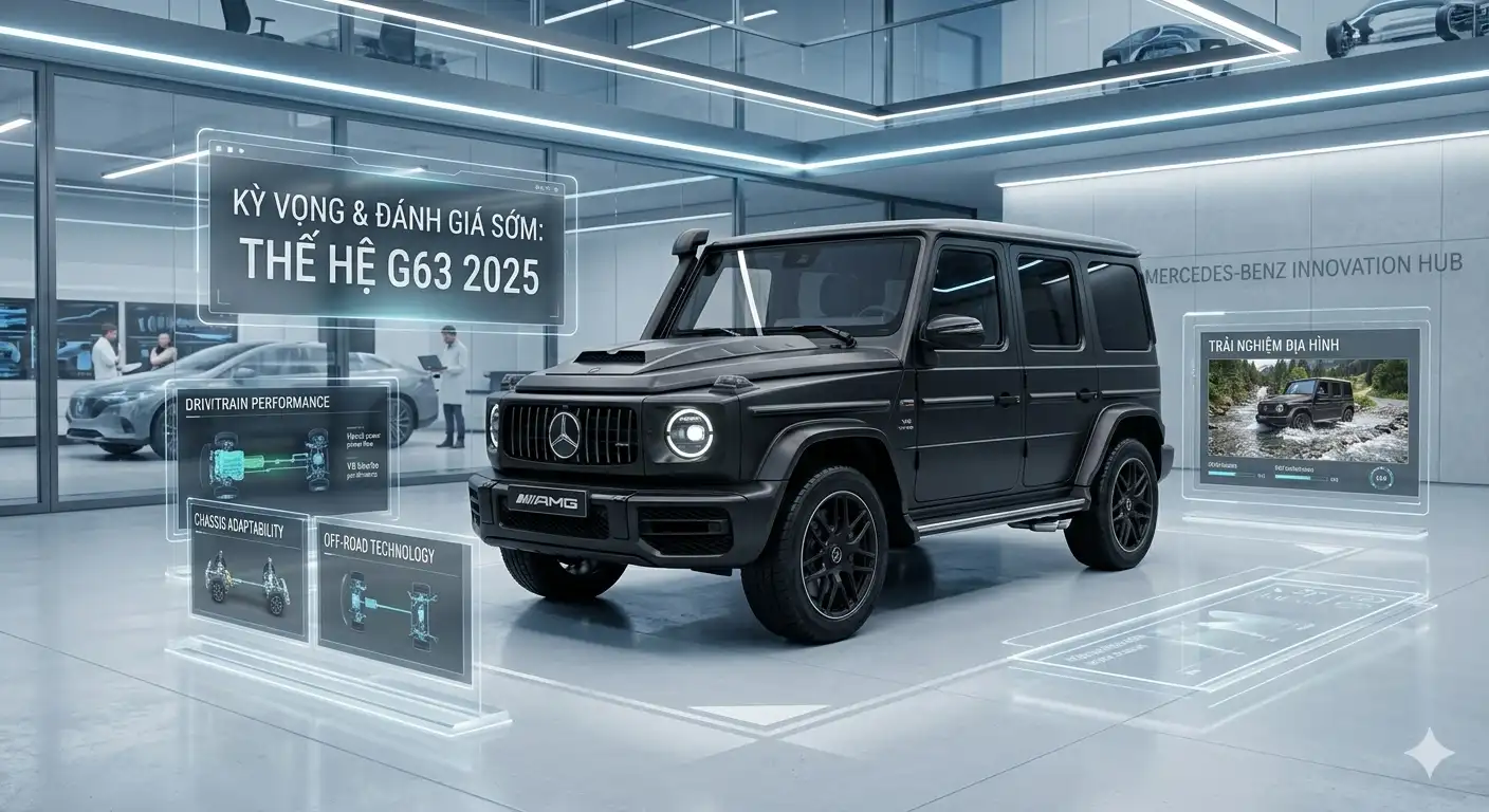 Mô phỏng công nghệ và đánh giá sớm về thế hệ Mercedes-Benz G63 2025 trong không gian trưng bày kỹ thuật số hiện đại.