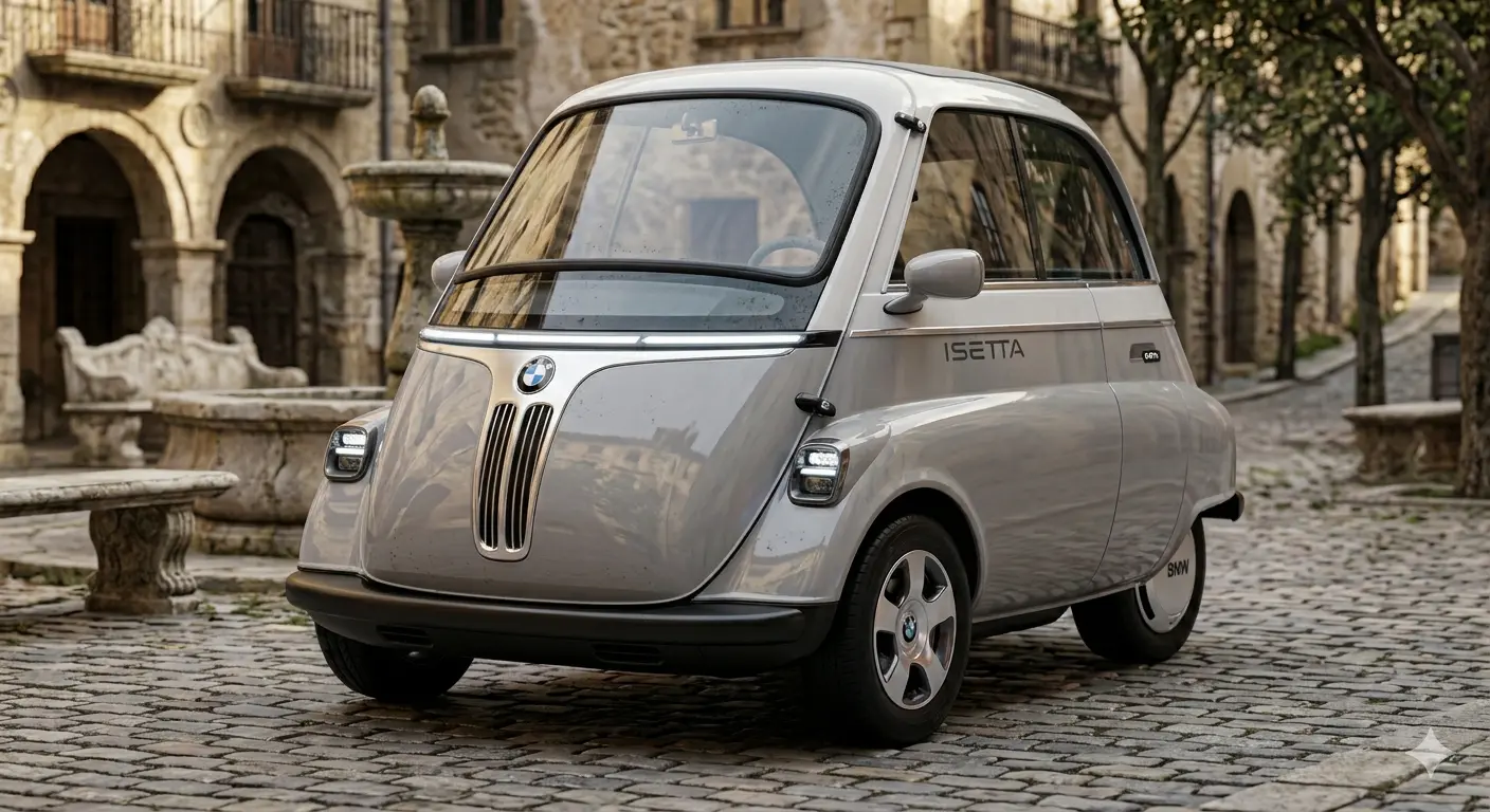 Thiết kế đầu xe BMW Isetta phiên bản phục dựng với lưới tản nhiệt tối giản và đèn LED hiện đại