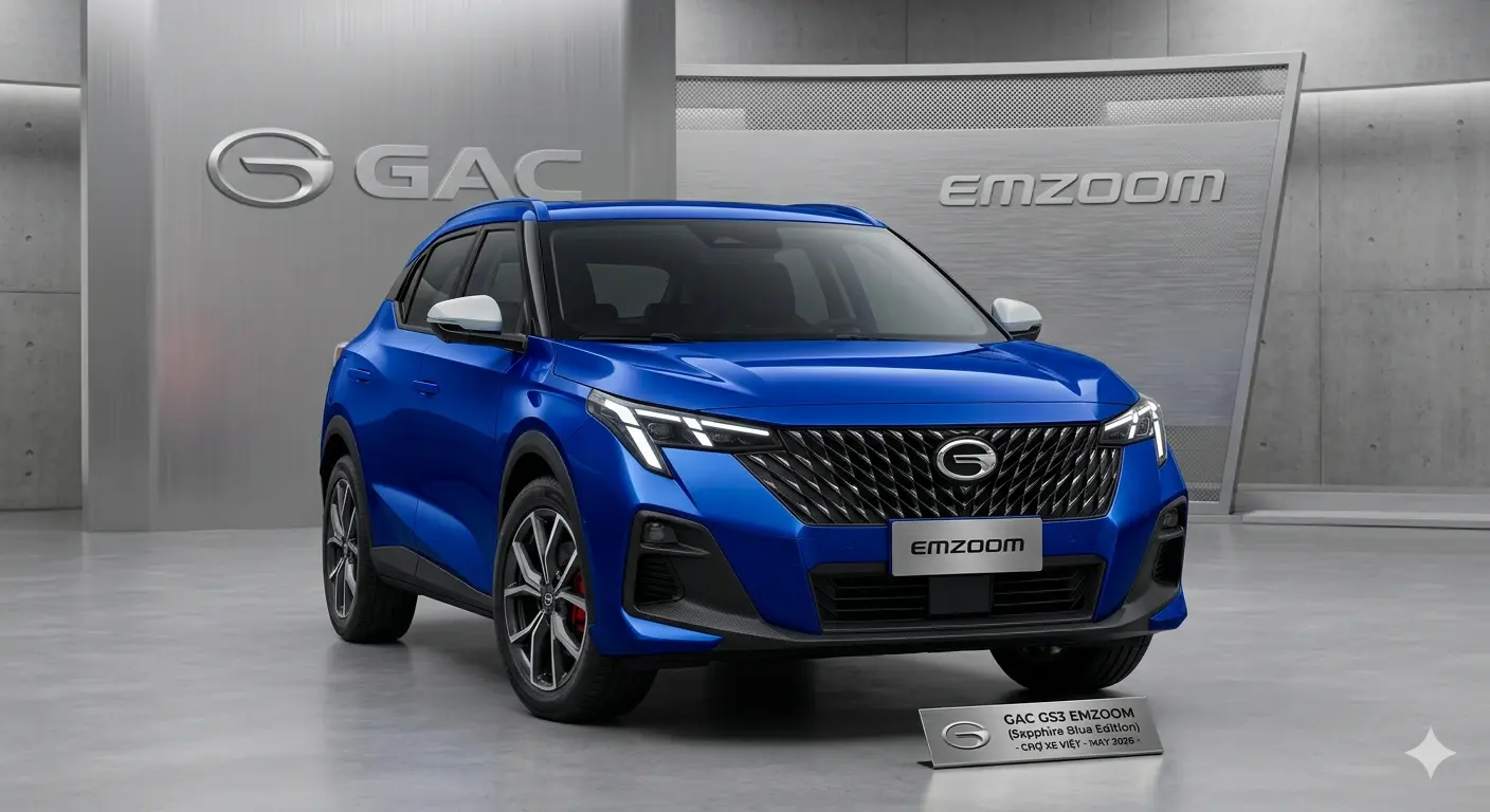 Thiết kế đầu xe GAC GS3 Emzoom 2026 phiên bản màu xanh Sapphire với lưới tản nhiệt vát kim cương và đèn pha Laser Eye.