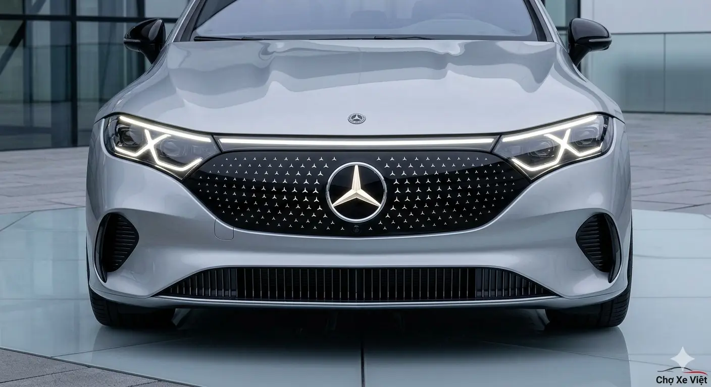 Cận cảnh thiết kế đầu xe Mercedes CLA 2026 với lưới tản nhiệt kỹ thuật số và dải đèn LED đặc trưng.