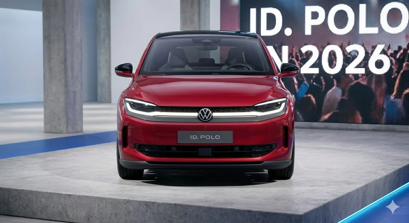 Thiết kế đầu xe Volkswagen ID. Polo 2026 màu đỏ với đèn IQ.Light LED Matrix và logo phát sáng.