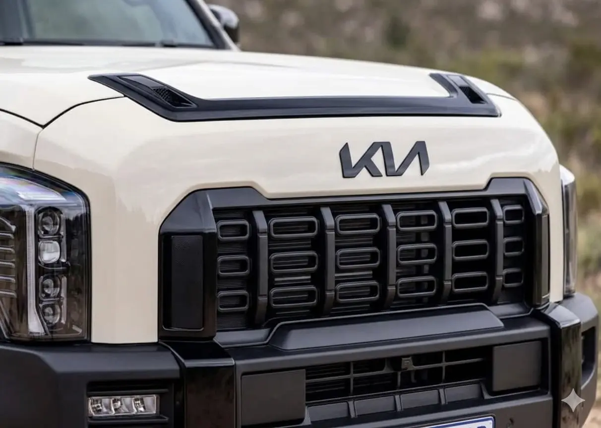 Cận cảnh thiết kế đầu xe Kia Tasman 2026 với lưới tản nhiệt đen nhám và đèn LED dọc hiện đại.