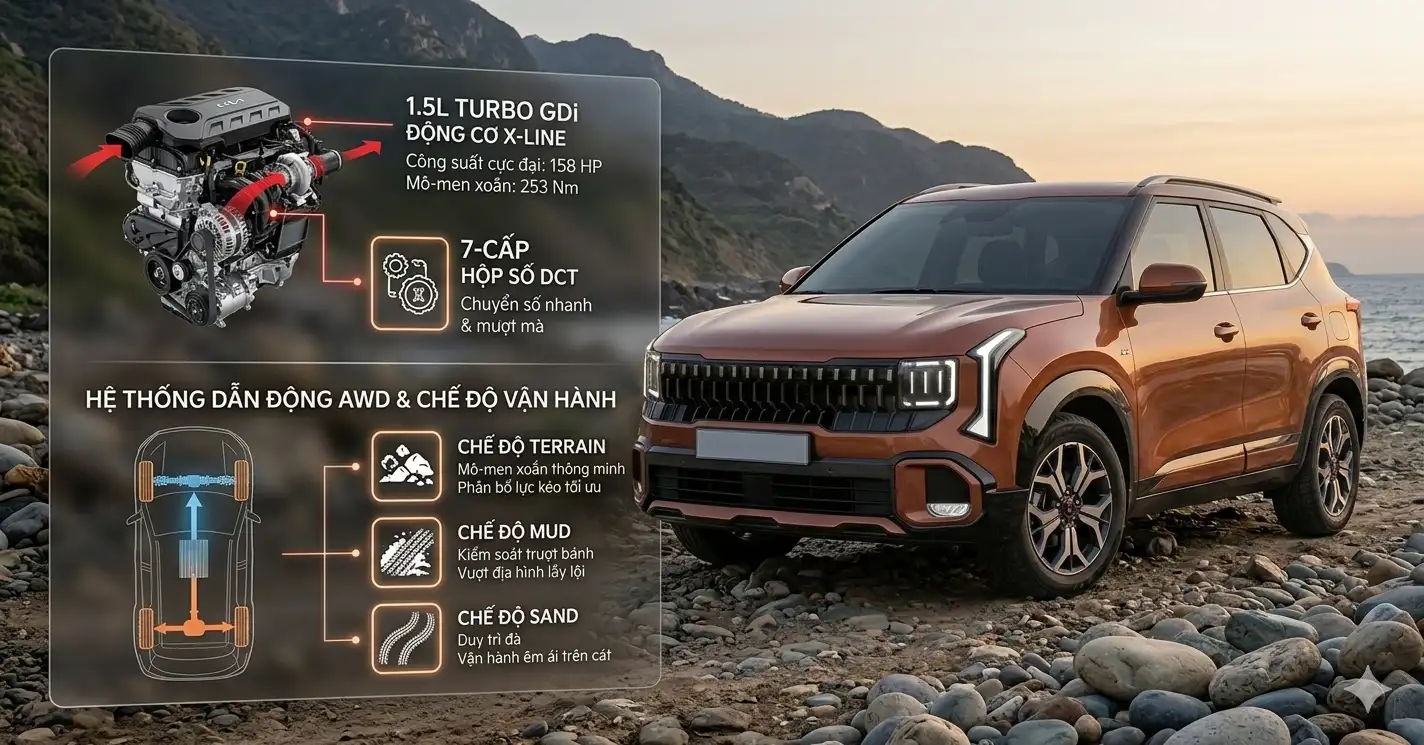 Thông số động cơ 1.5L Turbo và các chế độ vận hành Terrain Mode trên Kia Seltos X-Line 2026
