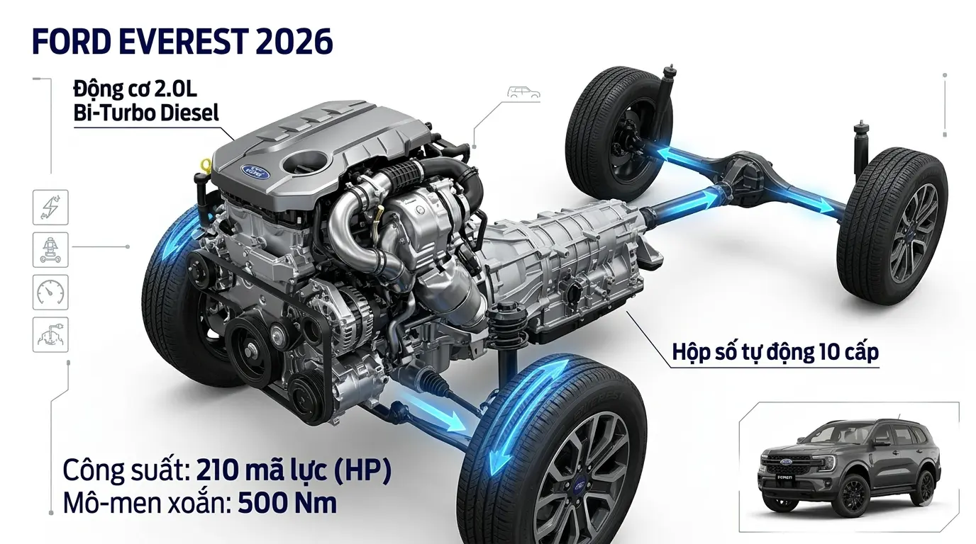 Mô phỏng động cơ Bi-Turbo Diesel 2.0L và hộp số 10 cấp của Ford Everest 2026