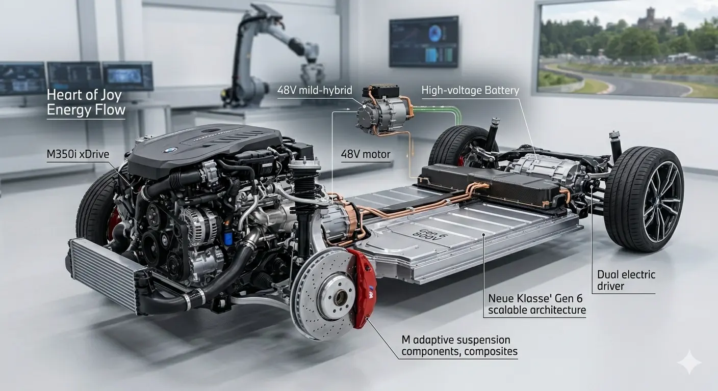 Sơ đồ kỹ thuật hệ thống truyền động Heart of Joy và kiến trúc pin Gen 6 trên BMW 3 Series 2026.