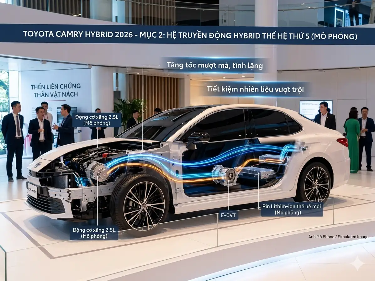 Sơ đồ hệ truyền động Hybrid thế hệ thứ 5 trên xe Toyota Camry 2026 giúp tiết kiệm nhiên liệu - Chợ Xe Việt
