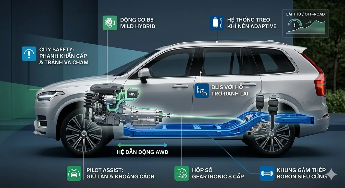 Cấu tạo động cơ Mild Hybrid B5 và hệ thống treo khí nén trên Volvo XC90 2026