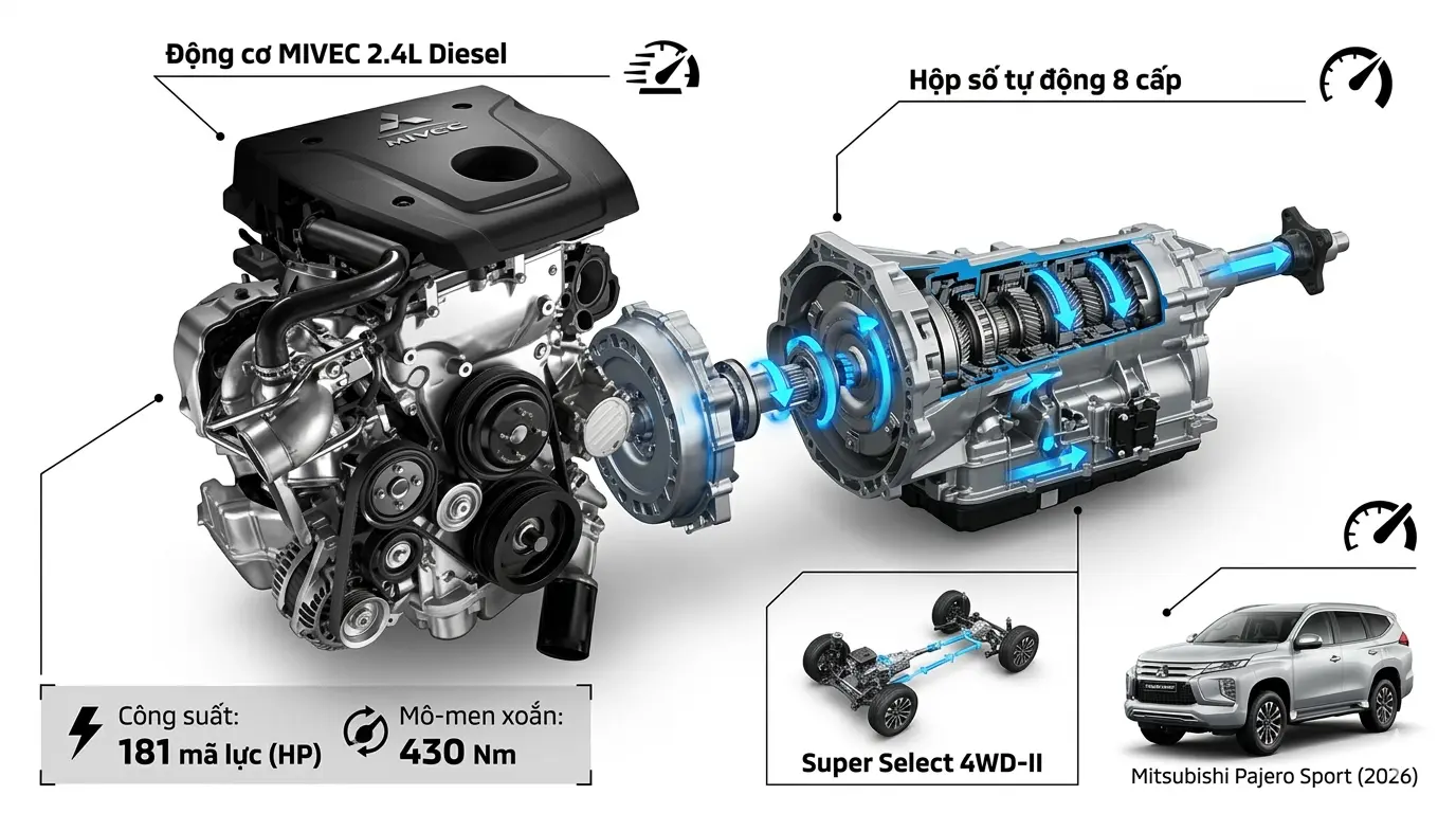 Động cơ MIVEC 2.4L và hộp số 8 cấp của Mitsubishi Pajero Sport 2026