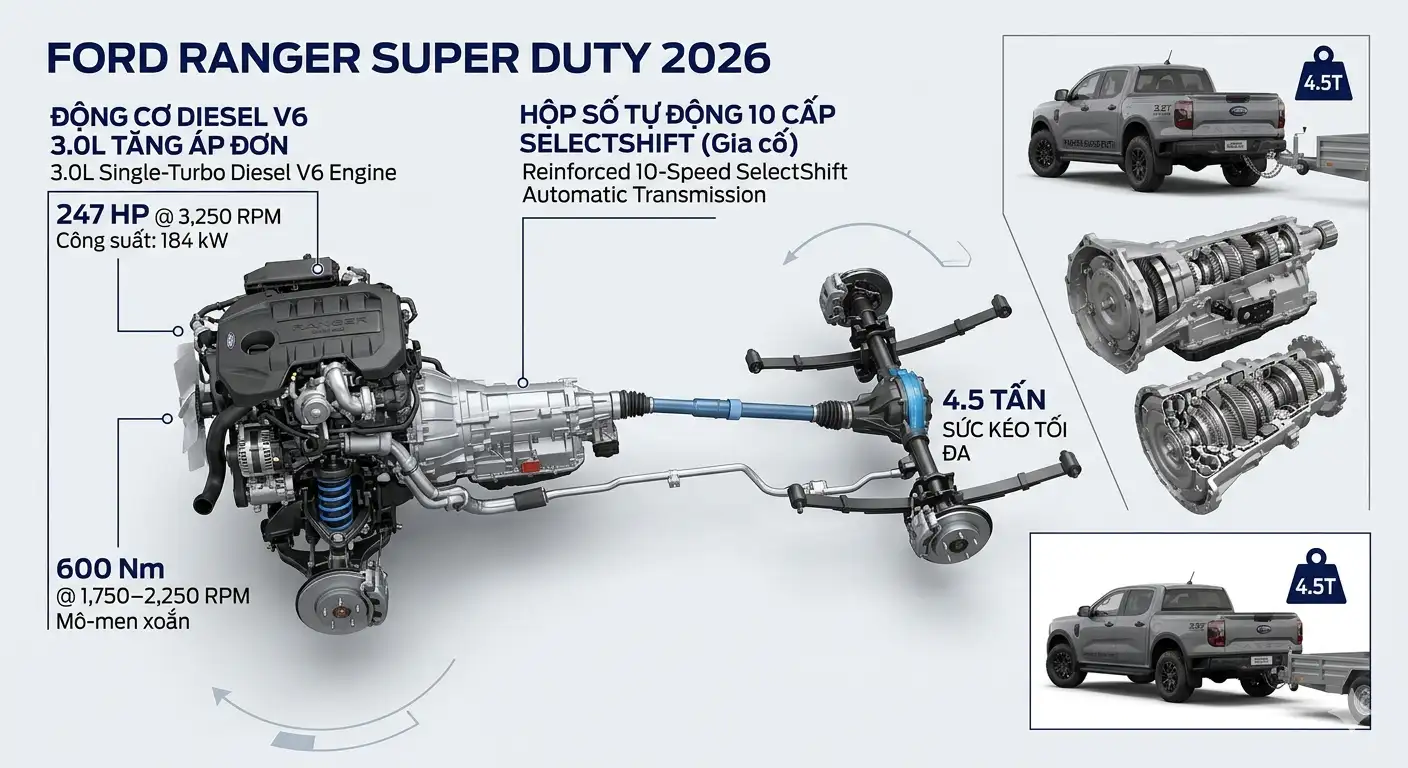Chi tiết thông số động cơ Diesel V6 3.0L và hộp số 10 cấp của Ford Ranger bản tải nặng 2026