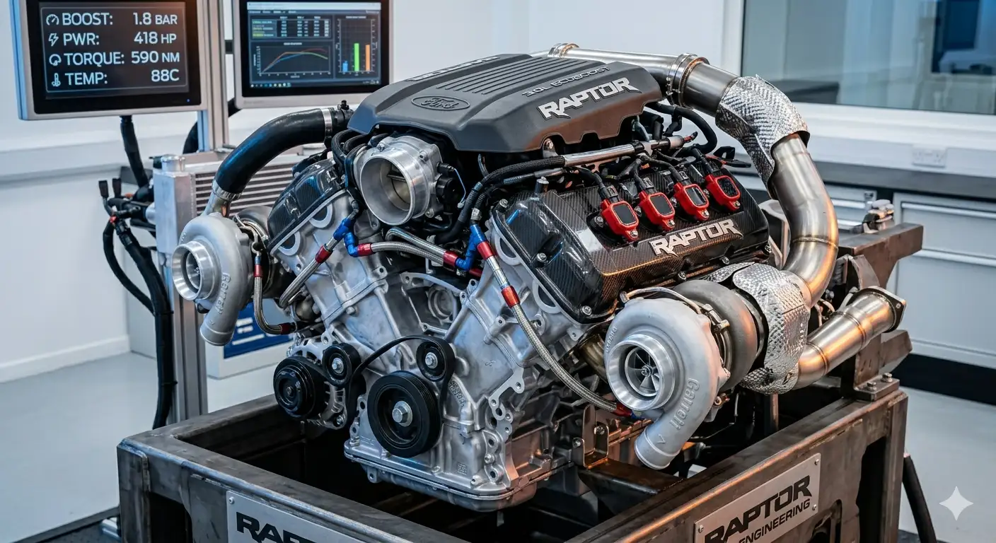 Cận cảnh khối động cơ xăng V6 3.0L EcoBoost mạnh mẽ trên xe Ford Ranger Raptor 2026