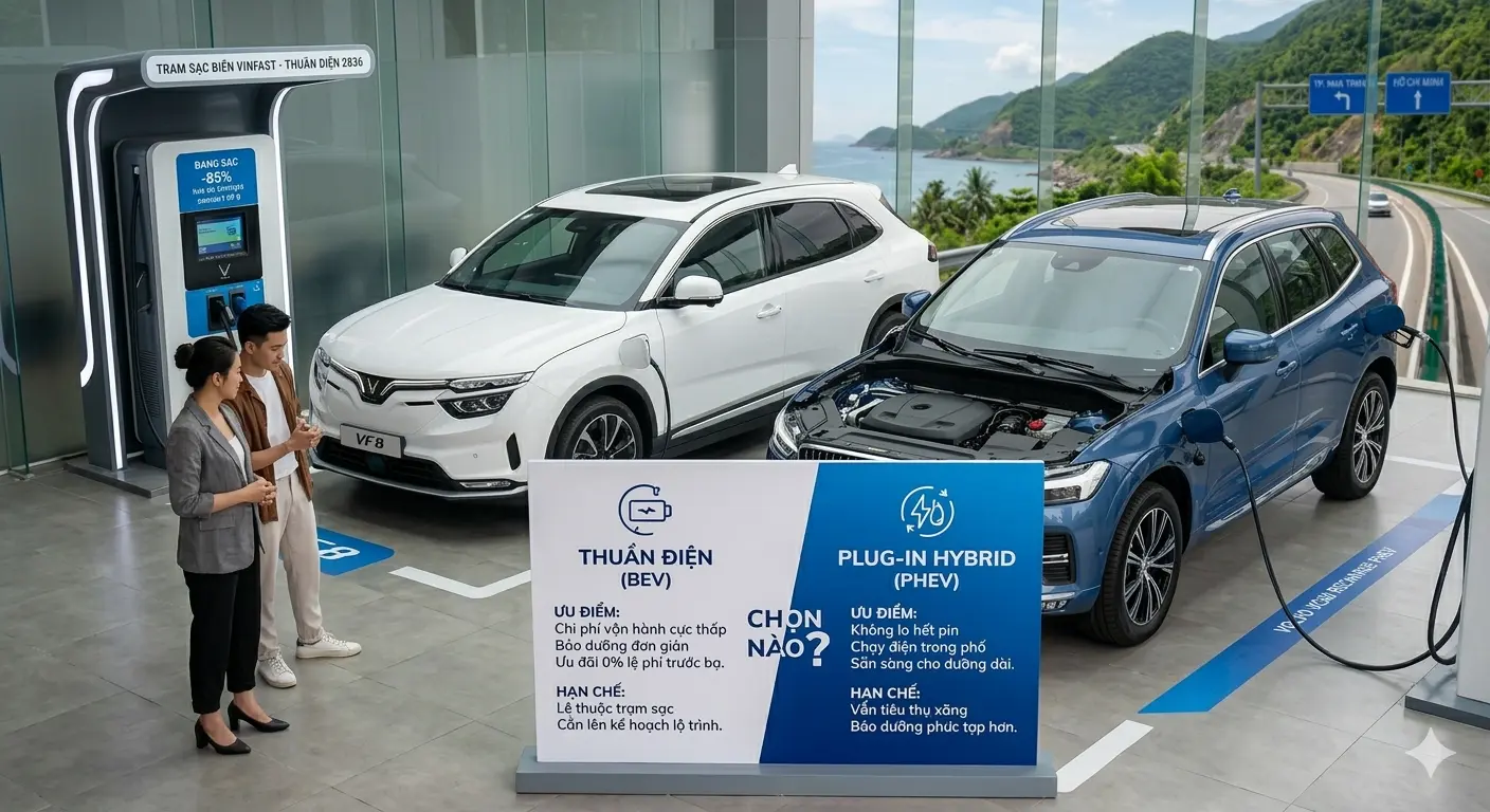 Bảng so sánh chi tiết ưu nhược điểm giữa xe thuần điện BEV và xe Plug-in Hybrid PHEV tại showroom Chợ Xe Việt