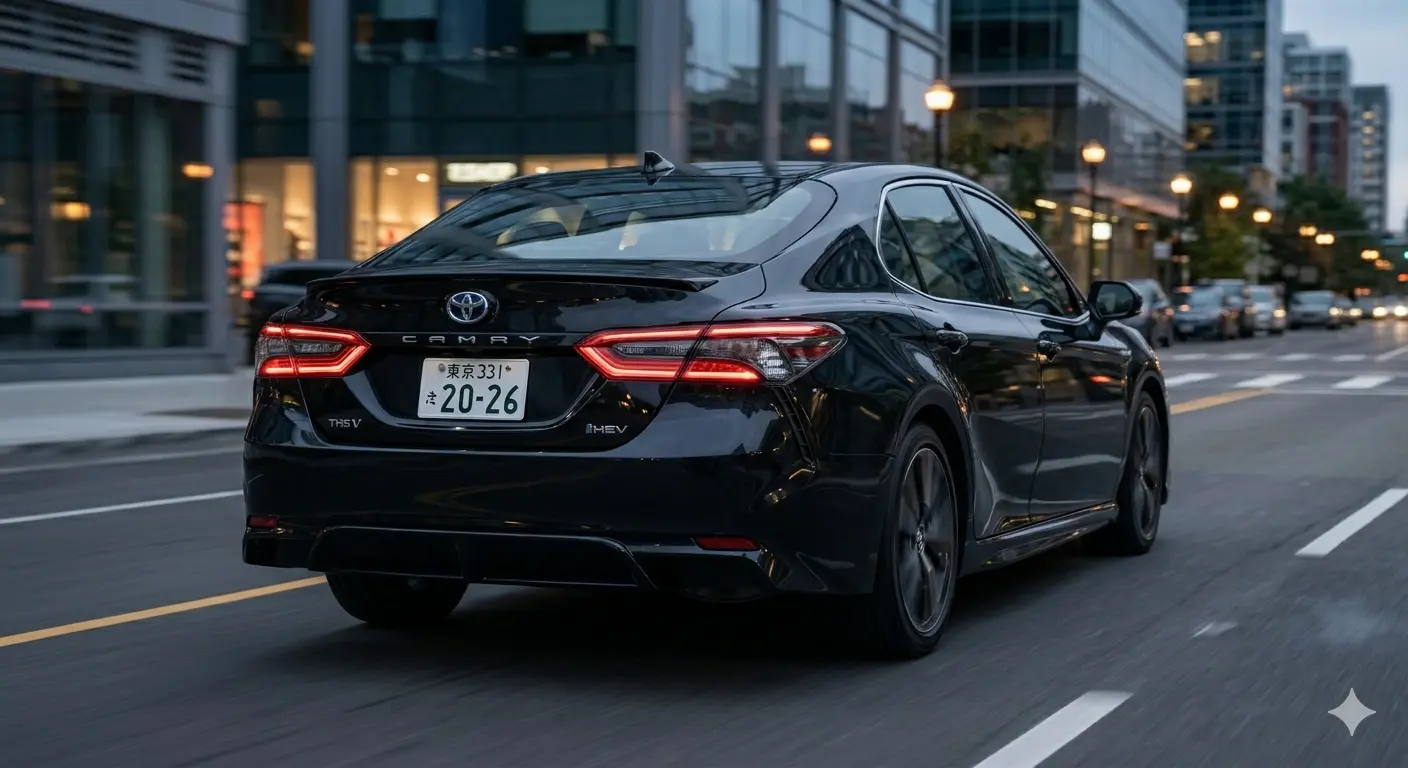 Thiết kế đuôi xe Toyota Camry 2026 màu đen bóng với cụm đèn hậu full-LED và logo HEV Hybrid
